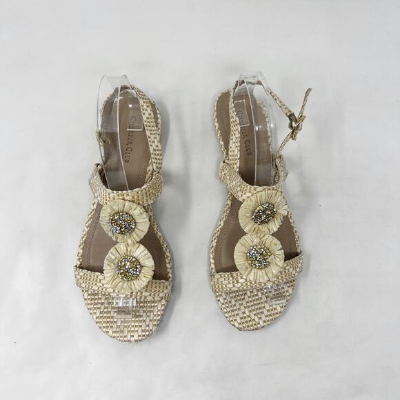 [Charter Club] Tan Cream Zooey Woven Raffia T-Strap Floral Slingback Sandals 8 - Picture 6 of 12
